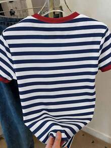 Camiseta de manga corta de verano con cuello redondo, estampado de cereza y rayas, de estilo casual para mujer - Multicolor 10 - Ver 2
