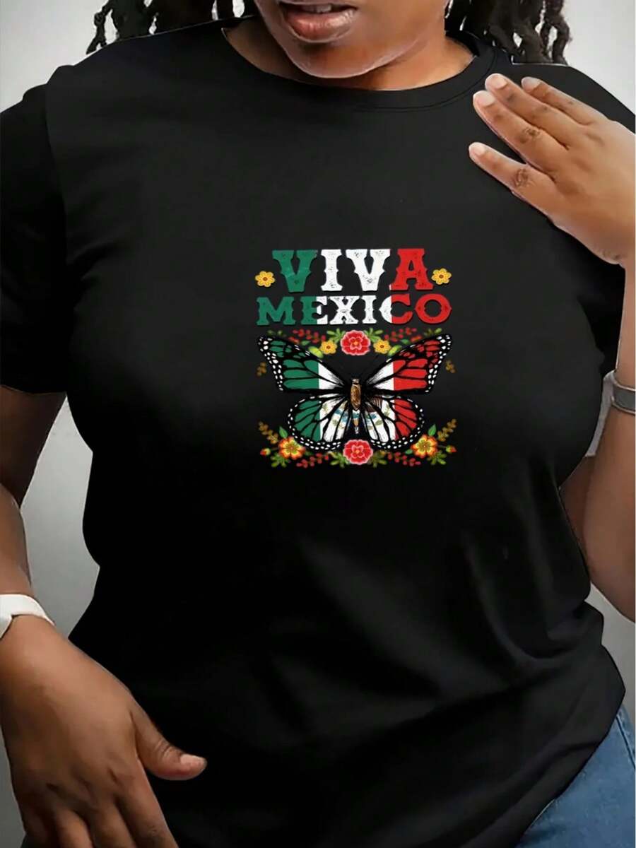 Women's T-Shirt With Vibrant Mexican Butterfly Print - Soft And Breathable 180g Polyester Blend, Casual Crew Neck T-Shirt With "VIVA MEXICO" Print, Perfect For Streetwear And Everyday Wear - 黑色 - 查看 1
