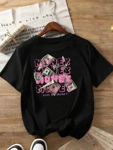 Camiseta Casual Negra de Manga Corta con Cuello Redondo para Mujer - Estampado Gráfico con la Palabra "MONEY" y el Símbolo del Dólar, Letras Rosadas y Blancas, Top de Moda Primavera Verano, Lavable a Máquina, Camisetas para Mujer, Estilo Streetwear, Camiseta de Impacto, Top Transpirable, Camiseta Estampada, Camiseta Y2k para Mujer - Blanco - Ver 2