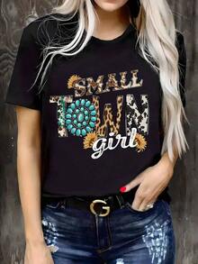 PremiumWo'S Vintage Graphic T-Shirt - Black Crew Neck T-Shirt With Small Town Text - Breathable Casual T-Shirt For Everyday Wear - Machine Washable Women's T-Shirt - Perfect For Outings And Gifts, Spring And Summer Essential T-Shirt - 黑色 - 查看 1