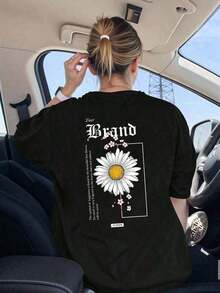 Camiseta de manga corta para mujer con estampado floral de margaritas estilo gótico, holgada cuello redondo, ideal para uso diario y estilo callejero - Negro - Ver 8