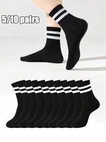 10 Pairs Women's Black & White Striped Simple Versatile Campus Sports Ankle Socks - Black and White - View 2