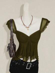 Top sin mangas con volantes, escote con pliegues, ajuste ceñido, parches de malla sexy, espalda con lazo, top casual de vacaciones - Verde militar - Ver 10