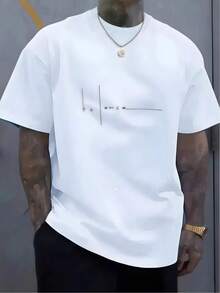 1pc Mens Clothes Minimalist Letter Line Print White TShirt, Unisex Casual Crew Neck Tshirt, Plus Size Men's Clothing 5XL, Lightweight 220gsm Knit Fabric, Machine Washable, For Spring/Summer/Fall Christmas/Valentine's Day/Father's Day - 白色 - 查看 1