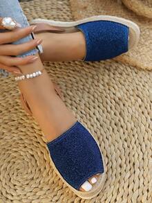 Giày sandal đế xuồng dệt kim đính sequin màu xanh hải quân dành cho nữ, hở mũi, có quai ngang mắt cá chân, kiểu dáng thường ngày, thích hợp đi biển, nghỉ mát hoặc đi làm. - Màu xanh lam - Xem 5