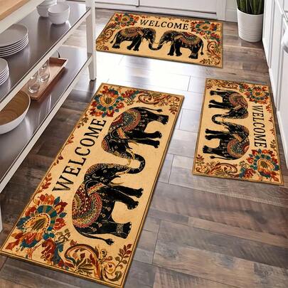 1pc Traditional Pattern Kitchen Floor Mat, Polyester Drainage Mat, Suitable For Kitchen, Living Room, Entrance, Balcony, Home Decor, Anti-Slip, Coffee Shop, Bar, Holiday, Party, Bedroom, Pet Mat, Bathroom Decor, Room Decor