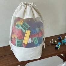 1个米色帆布网眼镂空大容量抽绳手提袋，玩具/积木收纳袋 - 米色 - 查看 1