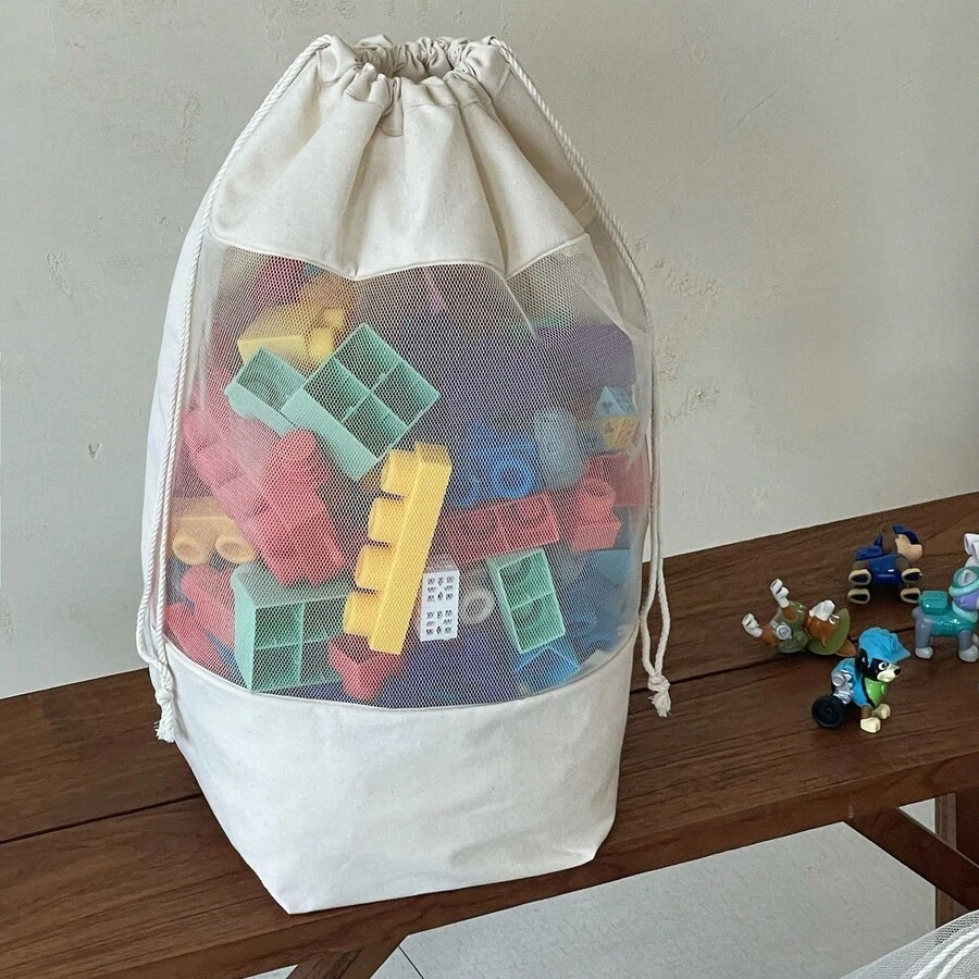 1个米色帆布网眼镂空大容量抽绳手提袋，玩具/积木收纳袋 - 米色 - 查看 1