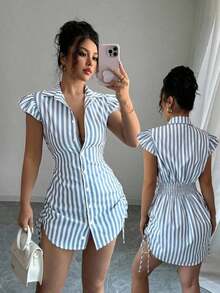 Vestido camisa elegante de vacaciones con mangas acampanadas, cintura fruncida y rayas azules - Celeste - Ver 8