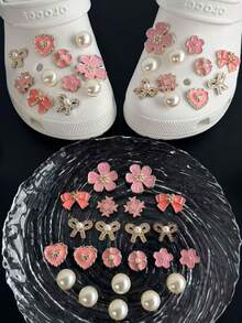 22pcs Green Turtle & Blue Starfish DIY Decorations, Detachable Shoe Clips Suitable For Sandals, Slippers, Garden Shoes, Beach Shoes - Pink Cherry Blossom Bow Set - View 3