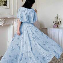 V-Neck Shawl Design Waist Cinched Flared Floral Print Chiffon Dress For Women - Azul - Ver 9