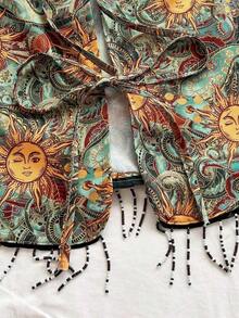 Top de tanque sin mangas de estampado tropical para mujer con cuello en V, frente atado y mangas acampanadas para vacaciones - Albaricoque - Ver 4