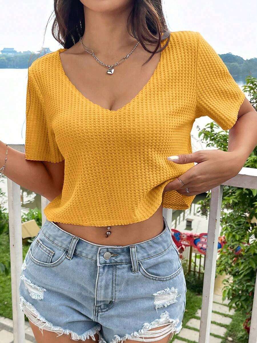 Crop Top de punto de gofre de color rosa intenso para el verano - Amarillo - Ver 1