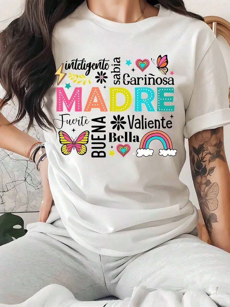 Playeras de mujer con estampado colorido de mariposas y arcoíris con palabras: Inteligente, Sabia, Amable, Fuerte, Valiente, Hermosa, Buena Madre. Camiseta casual para mujer, suave y cómoda, regalo para el Día de la Madre o cumpleaños. Adecuada para primavera, verano y otoño. - Blanco - Ver 1