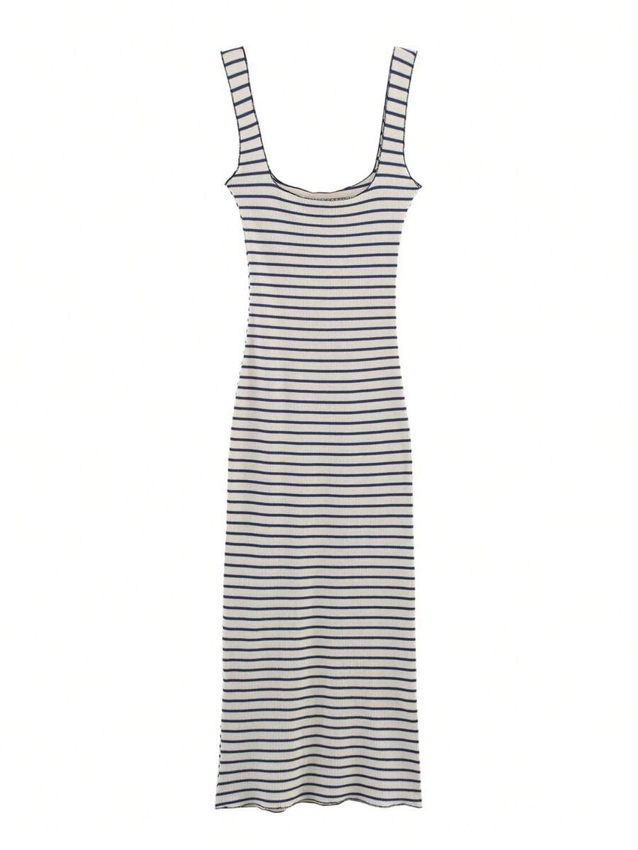 Nuevo vestido de punto a rayas de cuello cuadrado elástico de moda con tirantes largos - Dorado - Ver 1