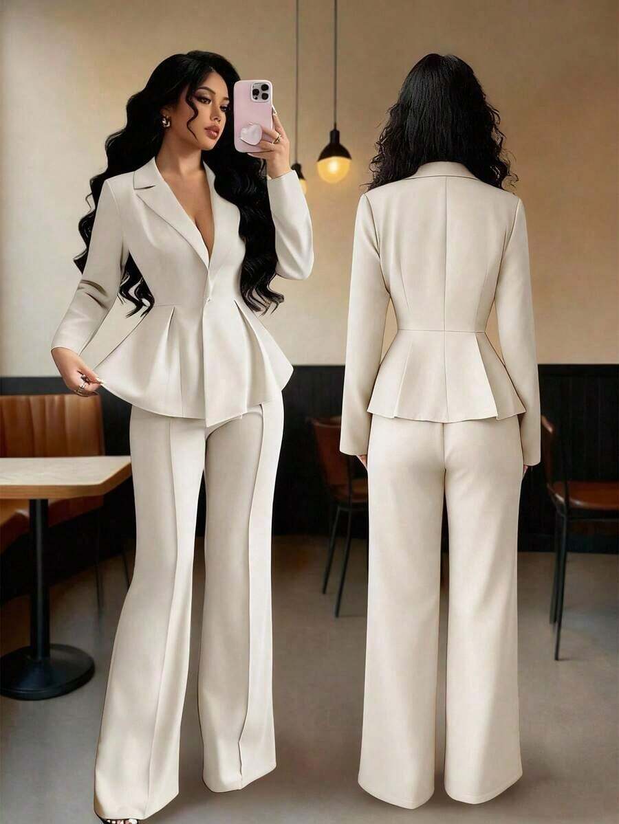 Elenzya Traje elegante que afina la cintura, pantalones acampanados y estilizadores para uso diario, adecuado para vacaciones, citas, Día de la Independencia, atuendo de maestra - Albaricoque - Ver 1