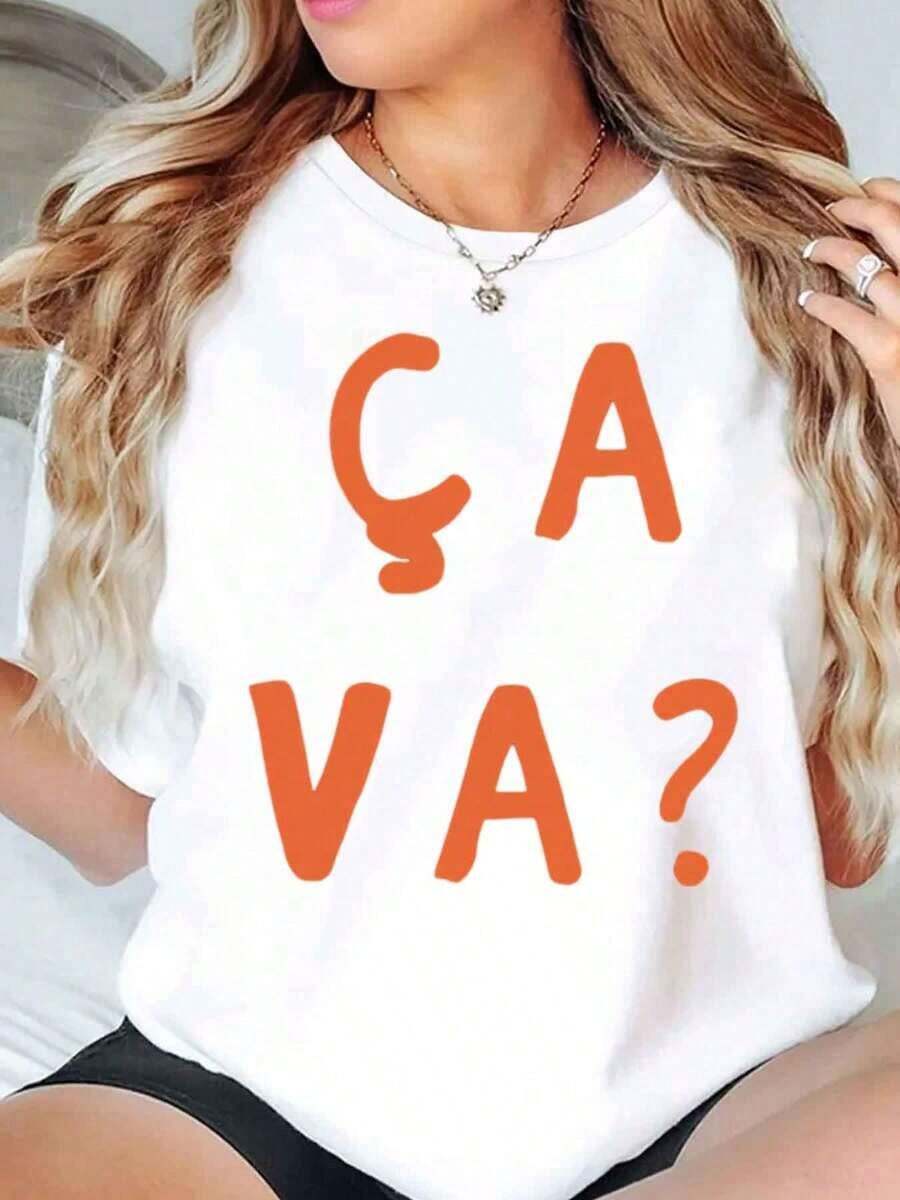 Camiseta de Cuello Redondo para Mujer con Estampado ÇA VA, Corte Holgado Casual para Uso Diario, 220g, blusas para dama - Blanco - Ver 1
