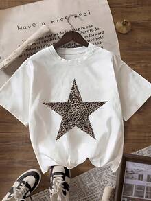 playera de manga corta y cuello redondo para mujer con estampado de leopardo y estrellas, camiseta informal de manga corta, camiseta de algodón grueso de 220 g. - Blanco - Ver 6