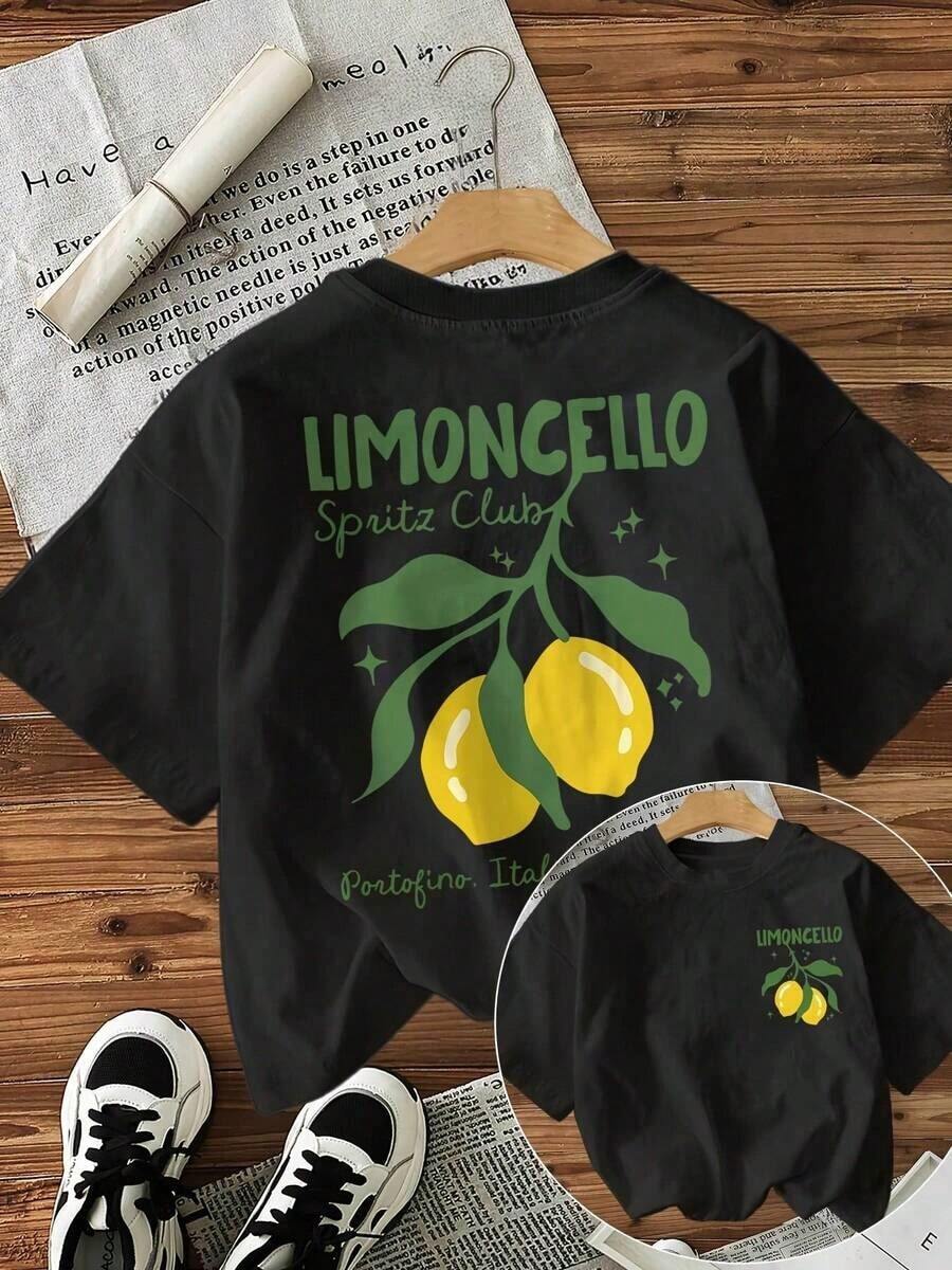 1 Pieza [Impresión a Doble Cara] Camiseta de Manga Corta con Cuello Redondo y Estampado de Letras Estilo Cartoon Lemon Limonllo Spritz, Tejido Transpirable, Estilo Vintage Urbano, Unisex, Camiseta Holgada de Algodón de Manga Corta con Cuello Redondo, blusas para mujer. blusas.blusas casuales para dama. - Negro - Ver 1