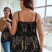 Plus Size Women Summer Casual Vacation Floral Lace Camisole - Negro - Ver 3