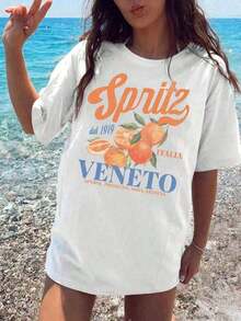 Bekväm och färgglad kortärmad t-shirt med splash-tryck. | Cocktail- och italiensk aperitifskjorta | Present till kvinnor | Vintage-, bohemisk och oversized t-shirt med italienskt grafiskt tryck för vår och sommar. - Vitt - Visa 4