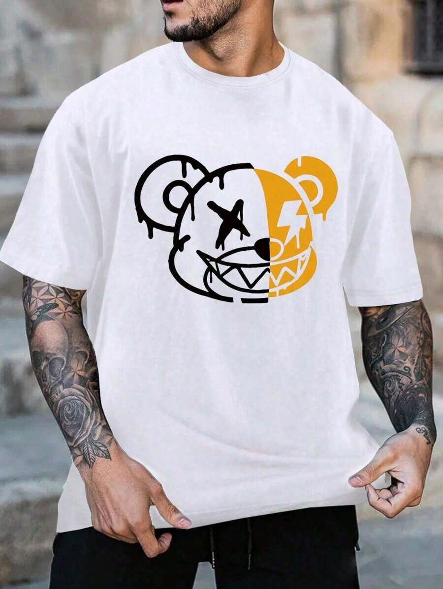 Hombres Camiseta con estampado de dibujos animados - Blanco - Ver 1
