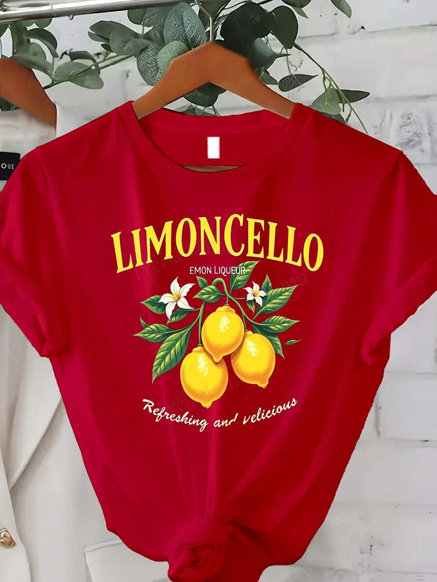 Camiseta con estampado de licor de limón - Camiseta 100% casual de verano con estampado de limones, diseño de licor de limón y rodajas de limón, cómoda, holgada, de cuello redondo y manga corta, color negro, adecuada para amantes del licor italiano, ropa casual de primavera/otoño, ropa de otoño, moda de primavera, estampado cítrico, camiseta ligera, tela transpirable, camiseta estampada para mujer. - Blanco - Ver 1
