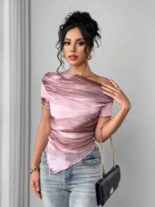 Camiseta de manga corta con hombros oblicuos y estampado de teñido anudado para mujer - Rosa - Ver 3