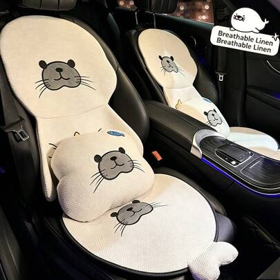 1 pieza Funda para asiento de coche, cojín de lino transpirable, almohadilla de asiento de coche de verano fresco, cojín de asiento bordado con sello de dibujos animados universal, almohada de cuello de coche con soporte lumbar