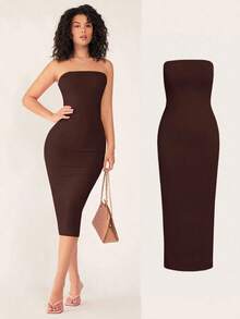 Vestido casual ceñido con escote strapless para cena para mujer - Marrón 2 - Ver 10