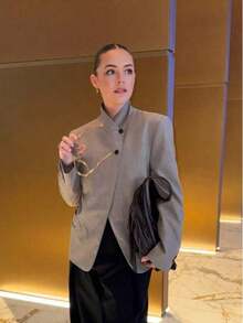 Blazer negro de oficina/escuela de manga larga, unicolor, con botones delanteros, elegante y casual, para mujer, primavera y verano, Día de la Madre - Caqui - Ver 8