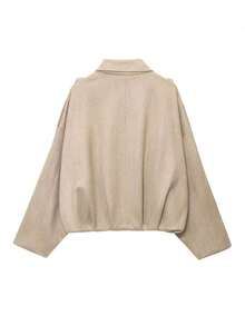 Chaqueta casual suelta de manga larga de ante sintético de un solo pecho para mujer, adecuada para usar en primavera. Chaqueta militar corta de mujer con botones de metal en los bolsillos, adecuada para usar en primavera y otoño. - Beis - Ver 9
