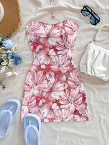 Vestido corto estampado floral sin tirantes, estilo de vacaciones para mujer - Multicolor - Ver 4