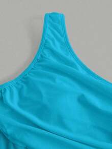 Conjunto de traje de baño de una pieza sin mangas de unicolor con falda pareo para mujer - Azul 2 - Ver 7