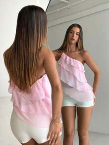Nueva blusa elegante y romántica de primavera/verano para citas, Día de San Valentín, temporada de bodas, de gasa rosa con un hombro, espalda descubierta, volantes en capas, blusa sexy con volantes para la playa, atuendo de boda, camisa rosa elegan - Rosa - Ver 2