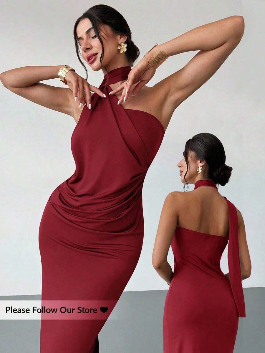 Vestido suelto con mangas acampanadas asimétricas de color marrón moca para mujer, vestido largo de moda, ropa de primavera/verano, adecuado para ir al trabajo, elegante, sexy, vacaciones, playa, estilo bohemio, Hawái, festivales de música, fiestas, atuendo de trabajo - Burdeos - Ver 1