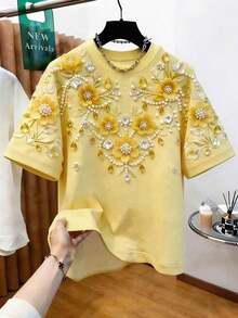 Camiseta casual y de moda para mujer con efecto de parche de mezclilla, estampado a rayas y de cerezas digitales, cuello redondo - Amarillo - Ver 4