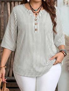 Camisa de mujer de estilo minimalista casual con microrayas azules, adecuada para primavera/verano, con vibra de resort - Multicolor 5 - Ver 1
