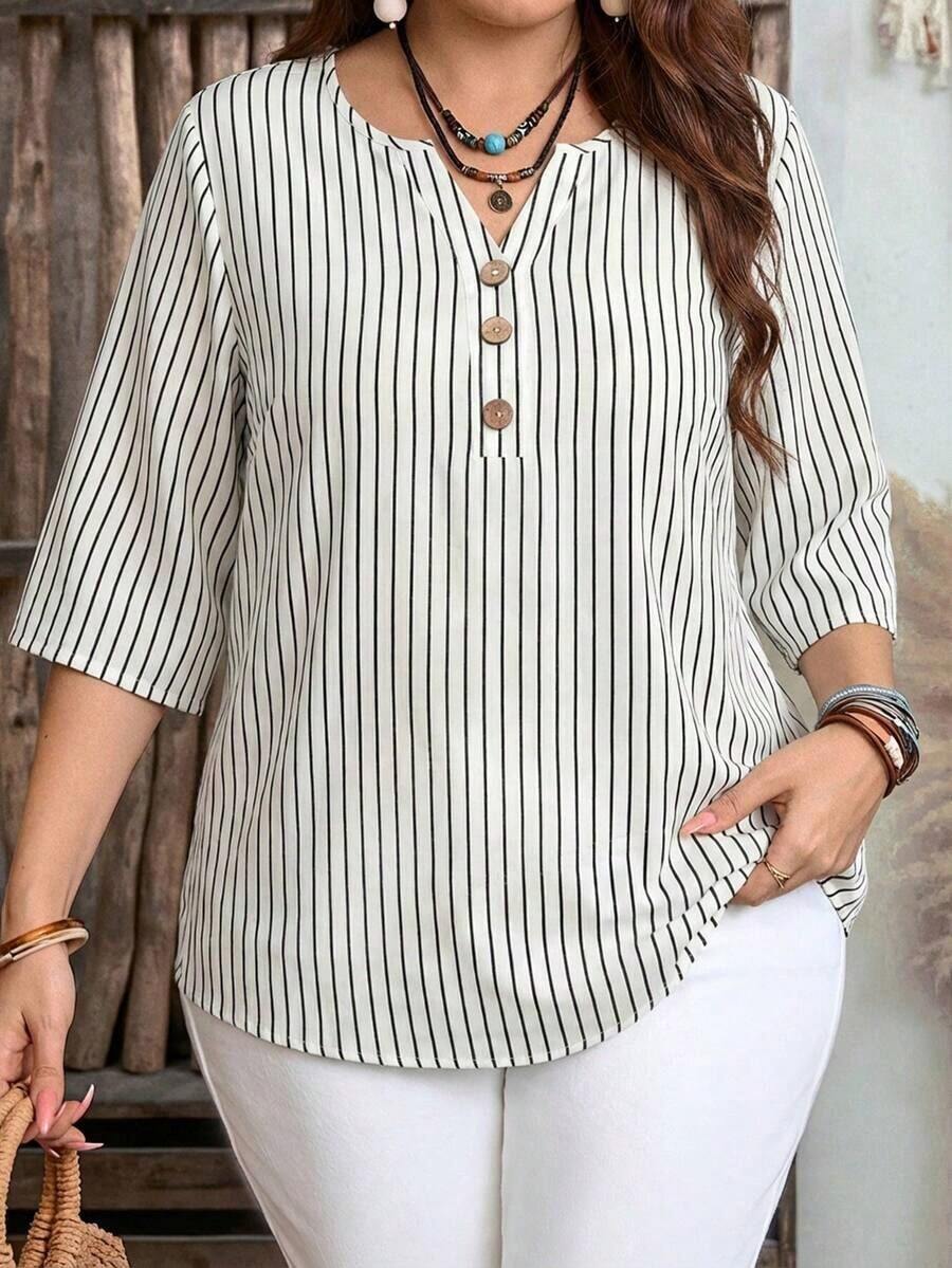 Camisa de mujer de estilo minimalista casual con microrayas azules, adecuada para primavera/verano, con vibra de resort - Multicolor 5 - Ver 1