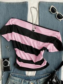Camiseta de mujer de manga corta con cuello asimétrico y estampado de rayas - Multicolor 2 - Ver 11