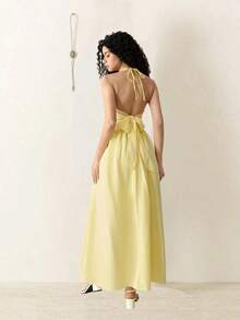 Vestido de verano con estampado floral elegante y lazo en la cintura para mujer - Amarillo - Ver 2