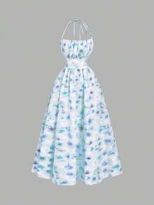 Vestido de mujer con estampado floral y cuello halter con lazo, de moda para citas y fiestas - Azul menta - Ver 8