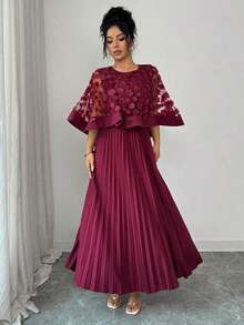 Vestido con decoración floral elegante y bajo plisado, adecuado para bodas, fiestas de cumpleaños y otras ocasiones, otoño - Rosa Roja - Ver 3