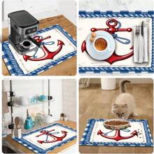 1 pieza Estera de secado de platos, Estera para máquina de café, Cuadros azules y blancos con ancla roja y cuerda en estilo náutico, Estera de drenaje adecuada para mesa de comedor y cafetería, Buena absorción de agua, Estera de drenaje multiusos, Regalo para el hogar, Decoración de escritorio - XYLSD-327 - Ver 11