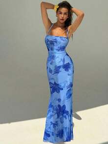 Vestido con estampado floral elegante y espalda descubierta para mujer - Azul - Ver 4