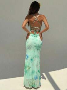 Vestido con estampado floral elegante y espalda descubierta para mujer - verde menta 2 - Ver 2