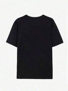 Autorización genuina de , camiseta de algodón 100% para mujer con estampado de dibujos animados interesante, tela ligera y transpirable, cuello redondo regular, camiseta casual de verano para la calle, camiseta de , patrón y texto combinados de forma armoniosa, llena de diversión y recuerdos. - Negro - Ver 2