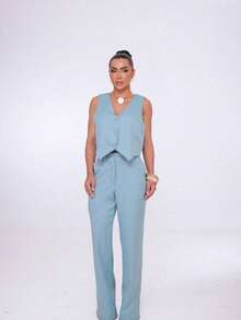 Wide-Leg Pants By Alntaria Risco Calca111114 - Dusty Blue - View 4