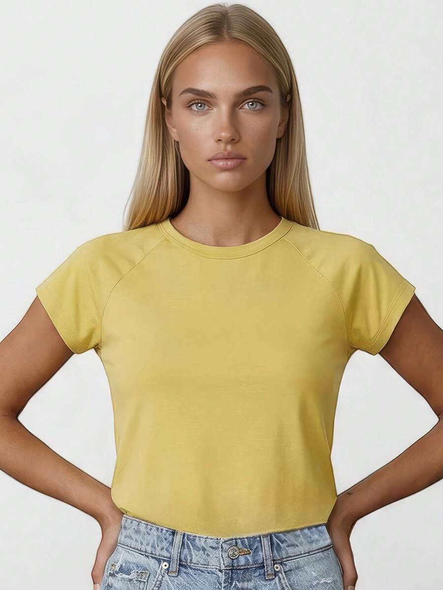 Women's Solid Color Round Neck Casual Versatile Daily Wear Top - Yellow - View 1