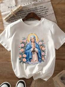 100% Cotton T-Shirt With Virgin Mary Print - Unisex Religious Clothing Suitable For Church, Pilgrimages And Everyday Wear - Casual Short Sleeve T-Shirt With Soft Crew Neck - H-Line Loose Fit For Men And Women - 220gsm Machine Washable - 白色 - 查看 1